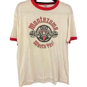 Vintage 80s Montezuma Wants You Tequila Promo Single Stitch Ringer Shirt XL